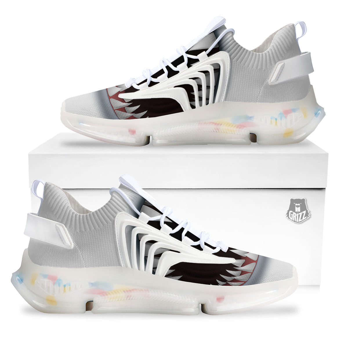 White Shark Open Mouth Print White Gym Shoes-grizzshop