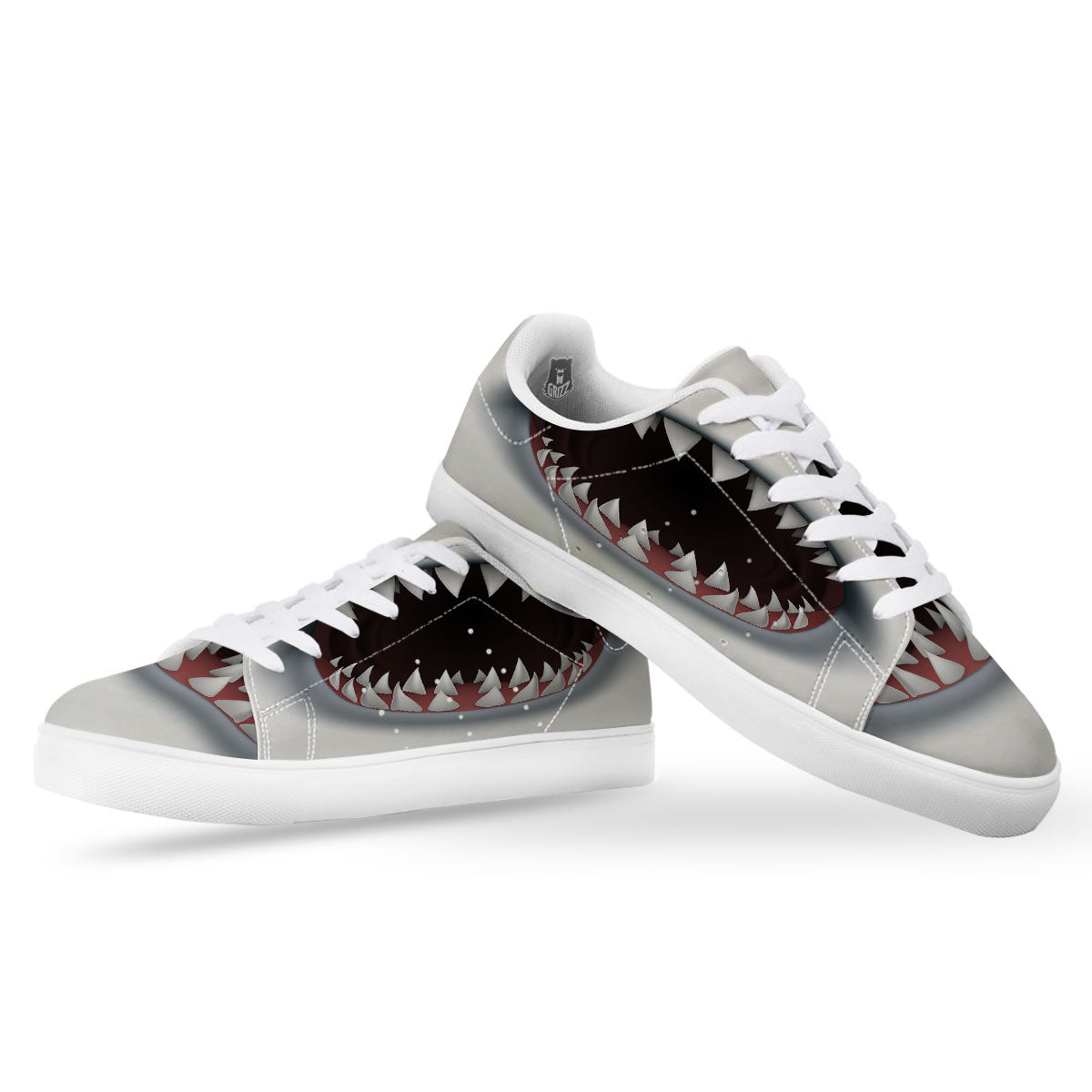 White Shark Open Mouth Print White Low Top Sneakers-grizzshop