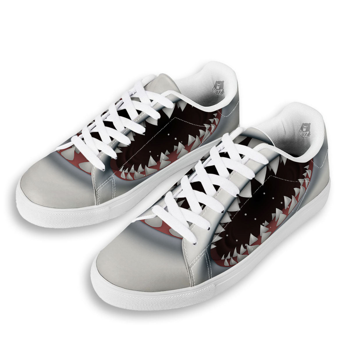 White Shark Open Mouth Print White Low Top Sneakers-grizzshop