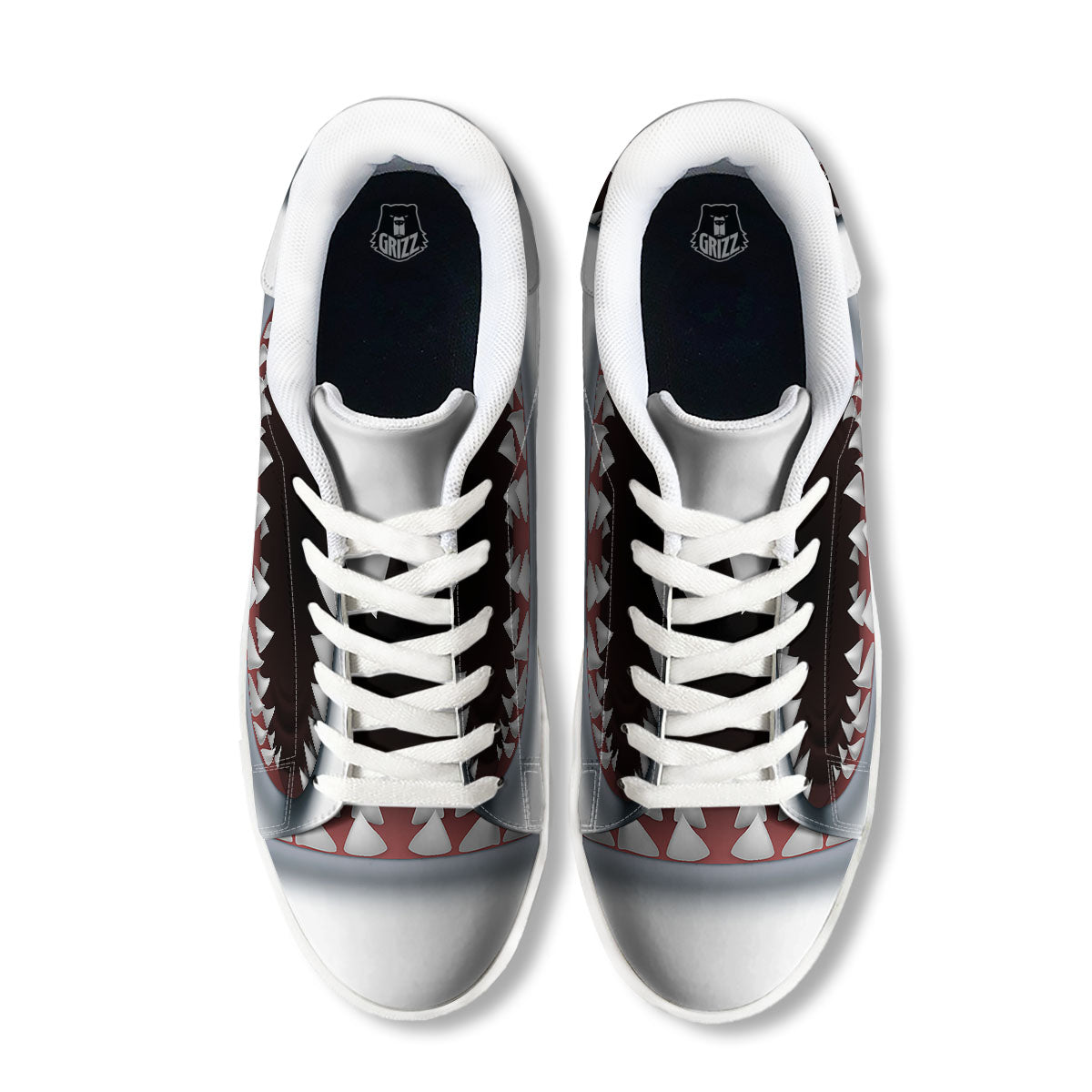 White Shark Open Mouth Print White Low Top Sneakers-grizzshop