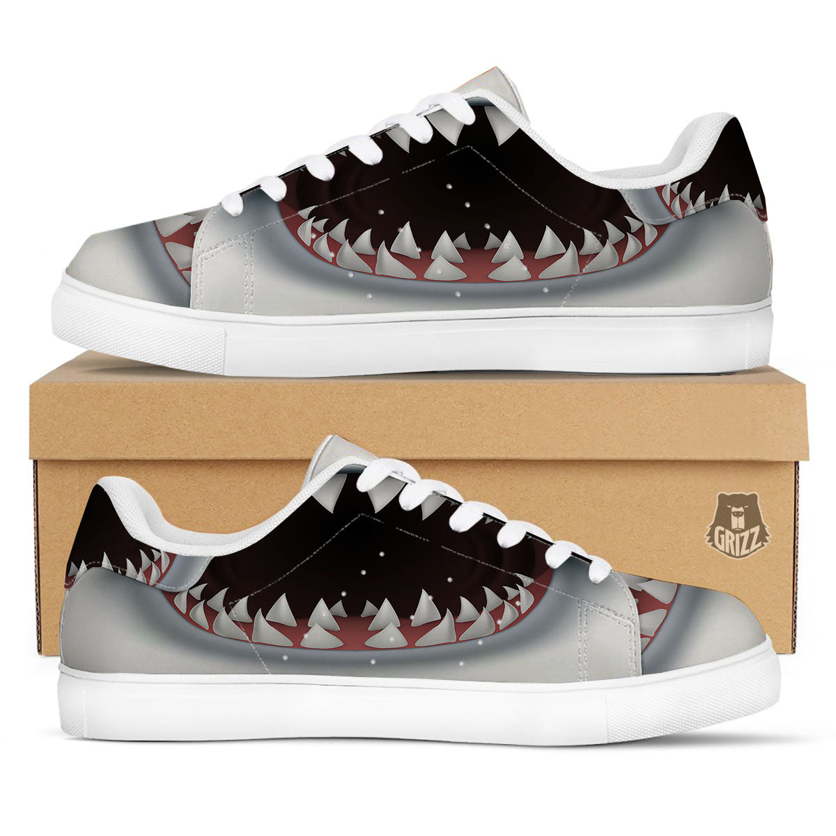 White Shark Open Mouth Print White Low Top Sneakers-grizzshop