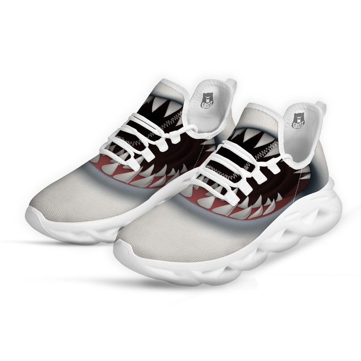 White Shark Open Mouth Print White Running Shoes-grizzshop