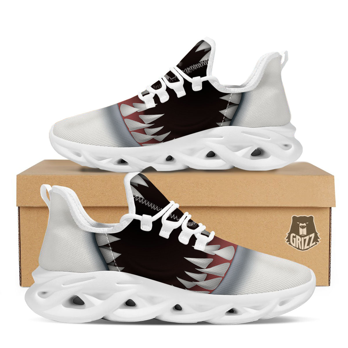 White Shark Open Mouth Print White Running Shoes-grizzshop