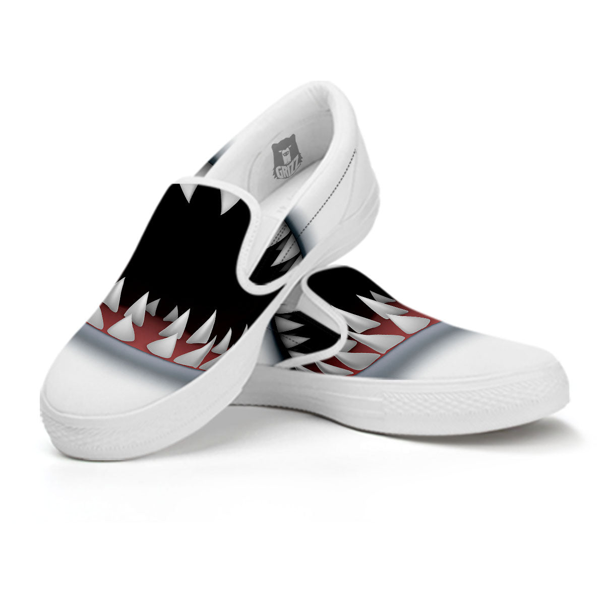 White Shark Open Mouth Print White Slip On Shoes-grizzshop