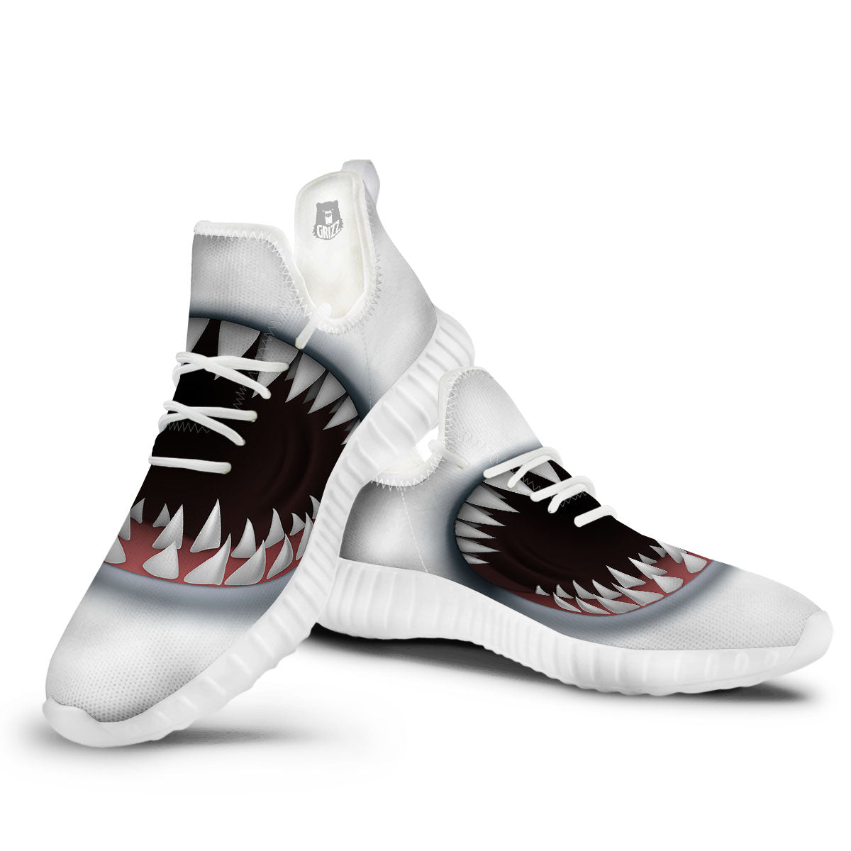 White Shark Open Mouth Print White Walking Shoes-grizzshop