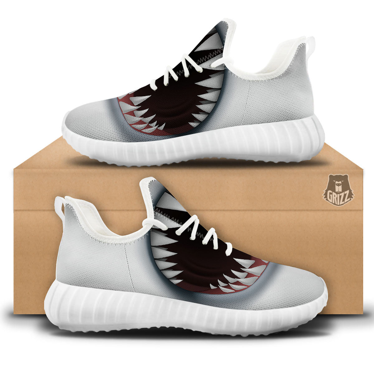 White Shark Open Mouth Print White Walking Shoes-grizzshop