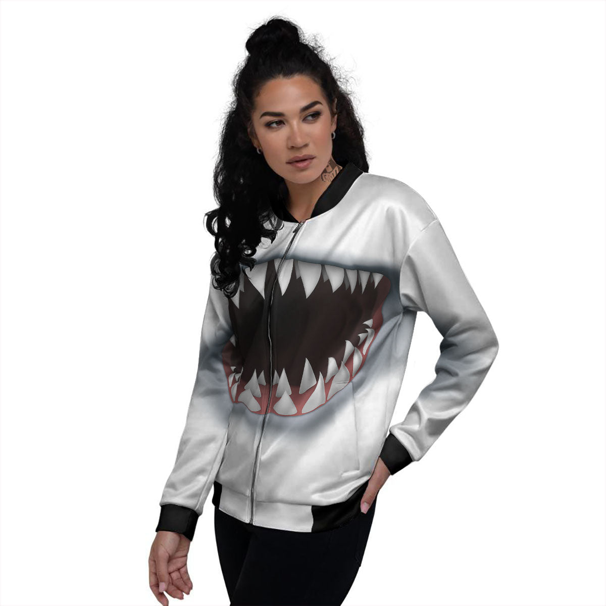 White Shark Open Mouth Print Women's Bomber Jacket-grizzshop