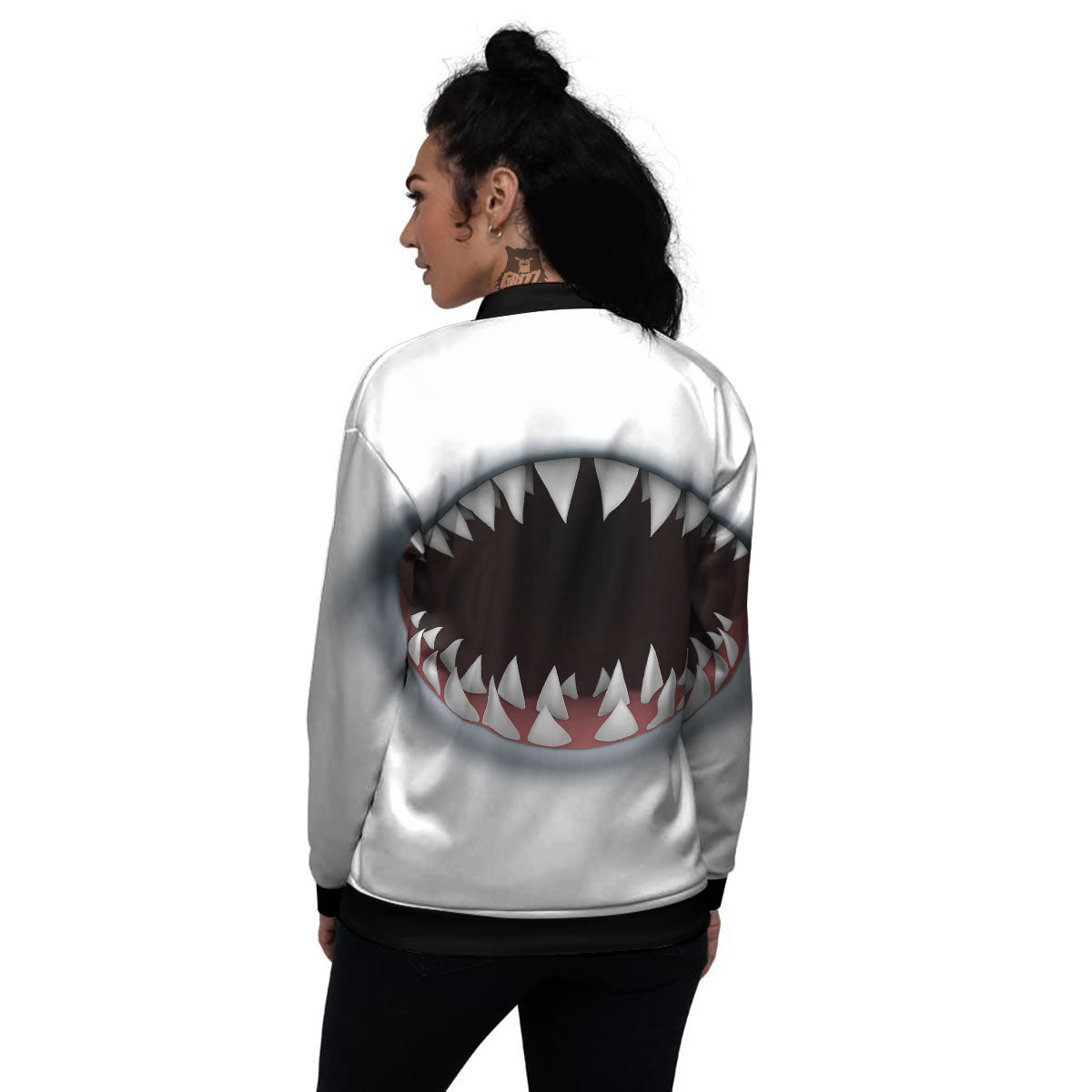 White Shark Open Mouth Print Women's Bomber Jacket-grizzshop