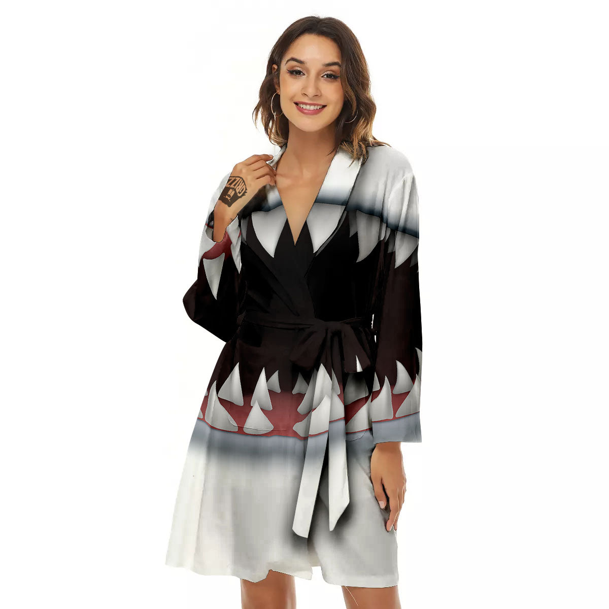 White Shark Open Mouth Print Women's Robe-grizzshop
