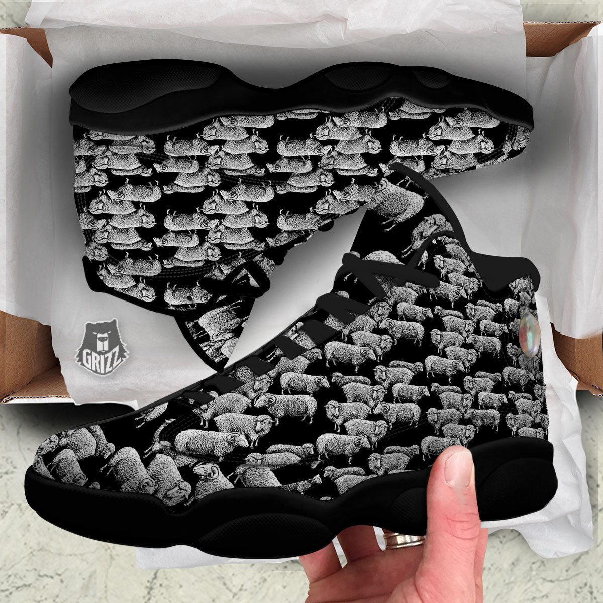 White Sheep And Black Print Pattern Black Basketball Shoes-grizzshop