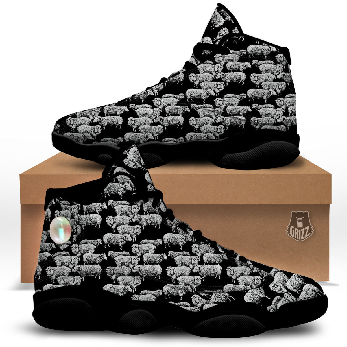 White Sheep And Black Print Pattern Black Basketball Shoes-grizzshop