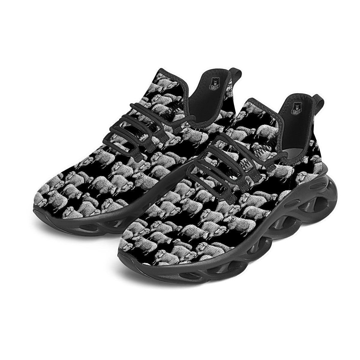 White Sheep And Black Print Pattern Black Running Shoes-grizzshop