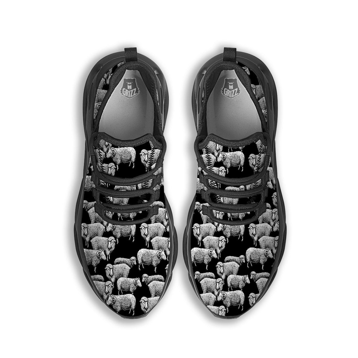 White Sheep And Black Print Pattern Black Running Shoes-grizzshop