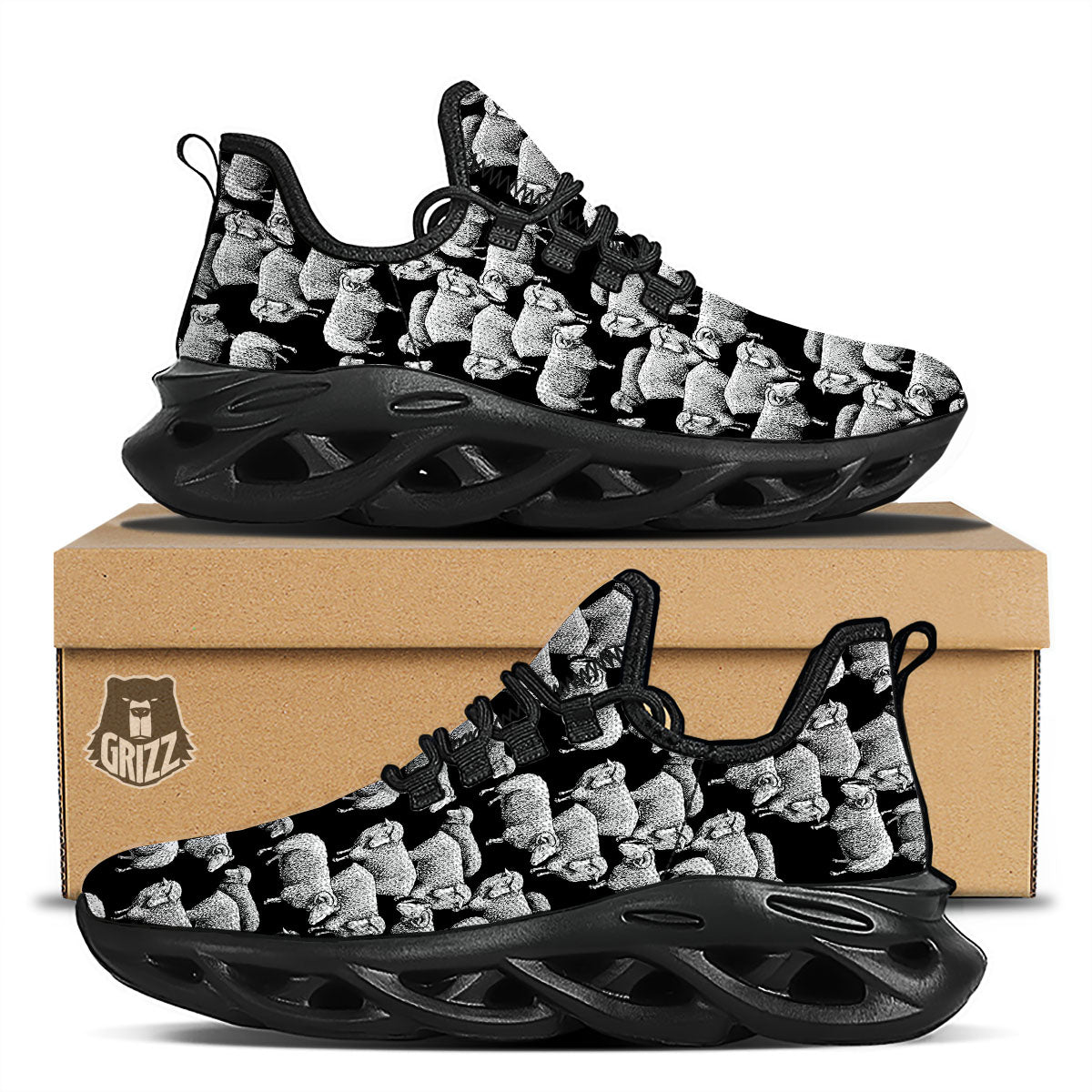 White Sheep And Black Print Pattern Black Running Shoes-grizzshop