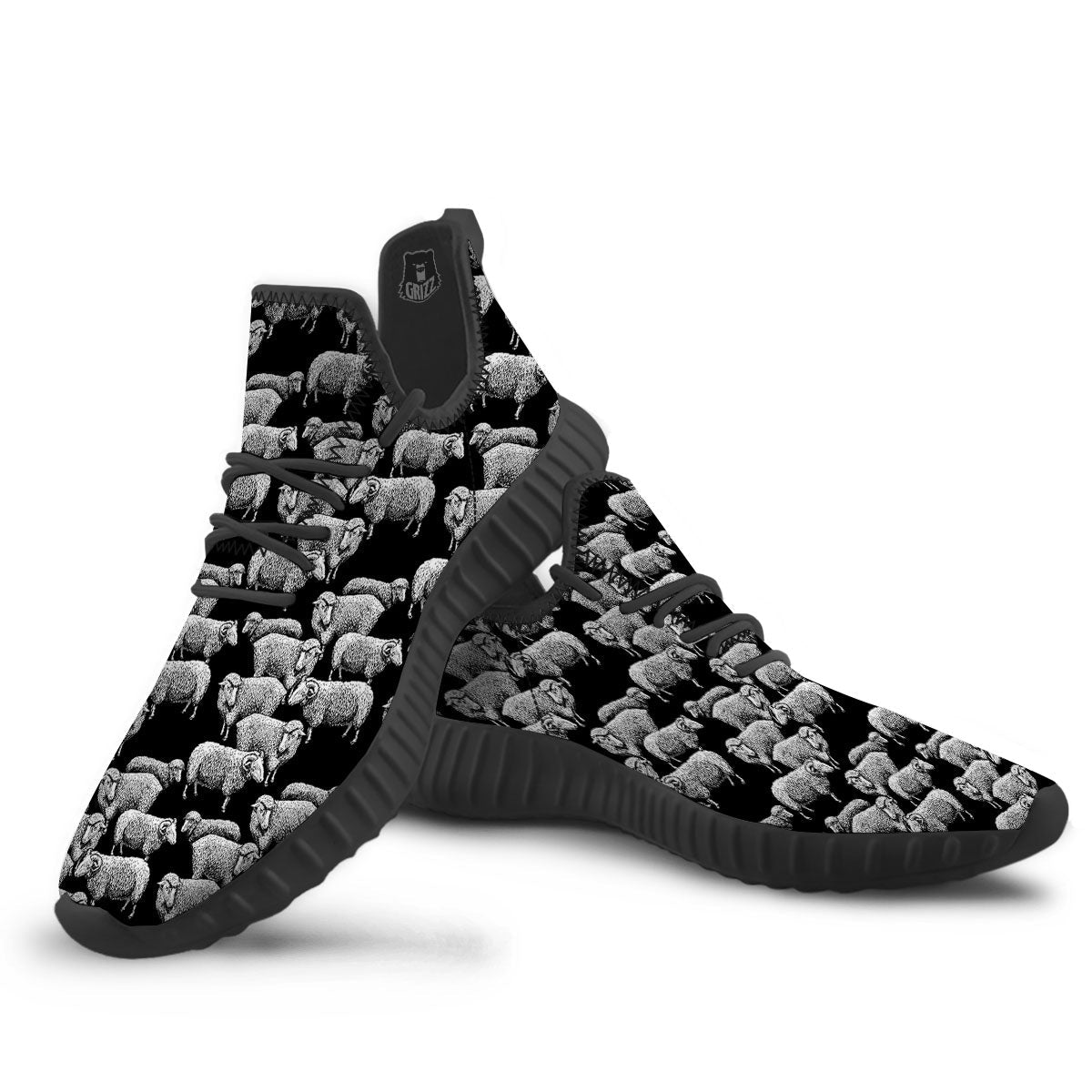 White Sheep And Black Print Pattern Black Walking Shoes-grizzshop