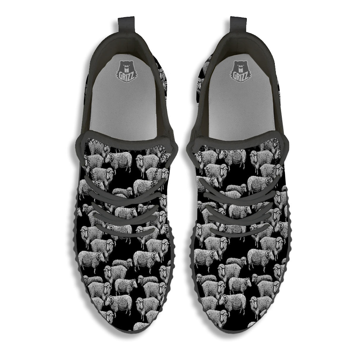 White Sheep And Black Print Pattern Black Walking Shoes-grizzshop