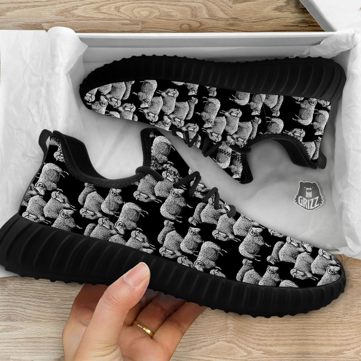 White Sheep And Black Print Pattern Black Walking Shoes-grizzshop