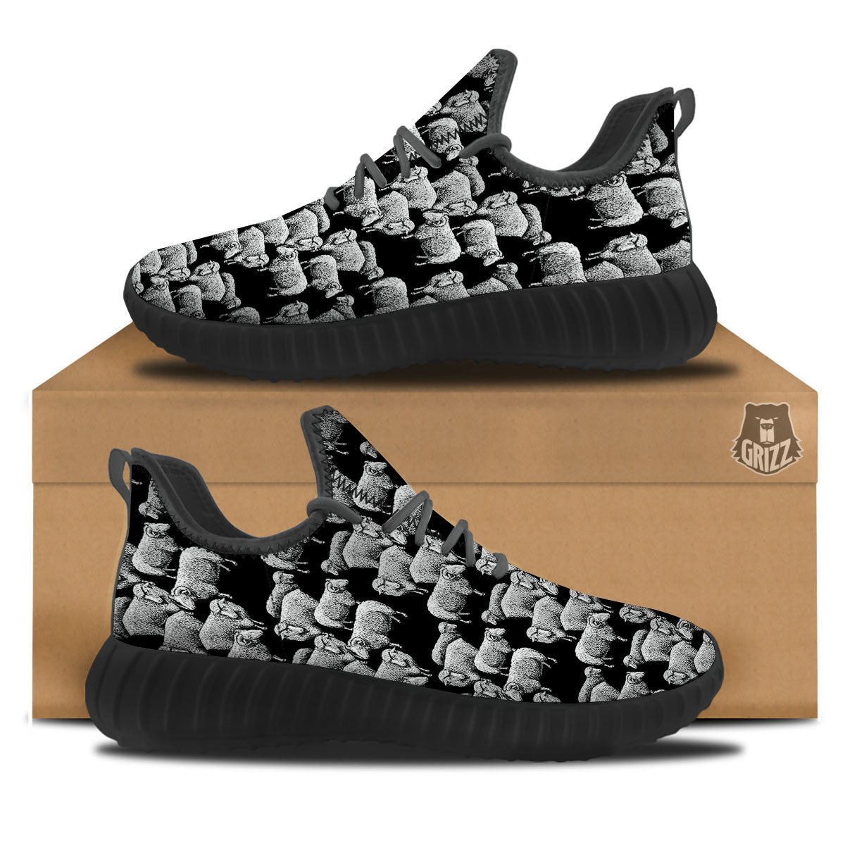 White Sheep And Black Print Pattern Black Walking Shoes-grizzshop