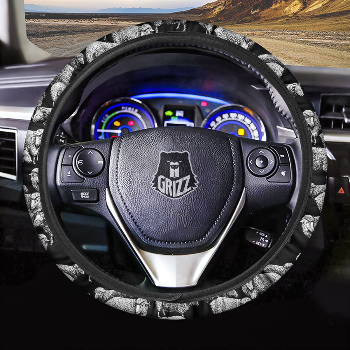 White Sheep And Black Print Pattern Car Steering Wheel Cover-grizzshop