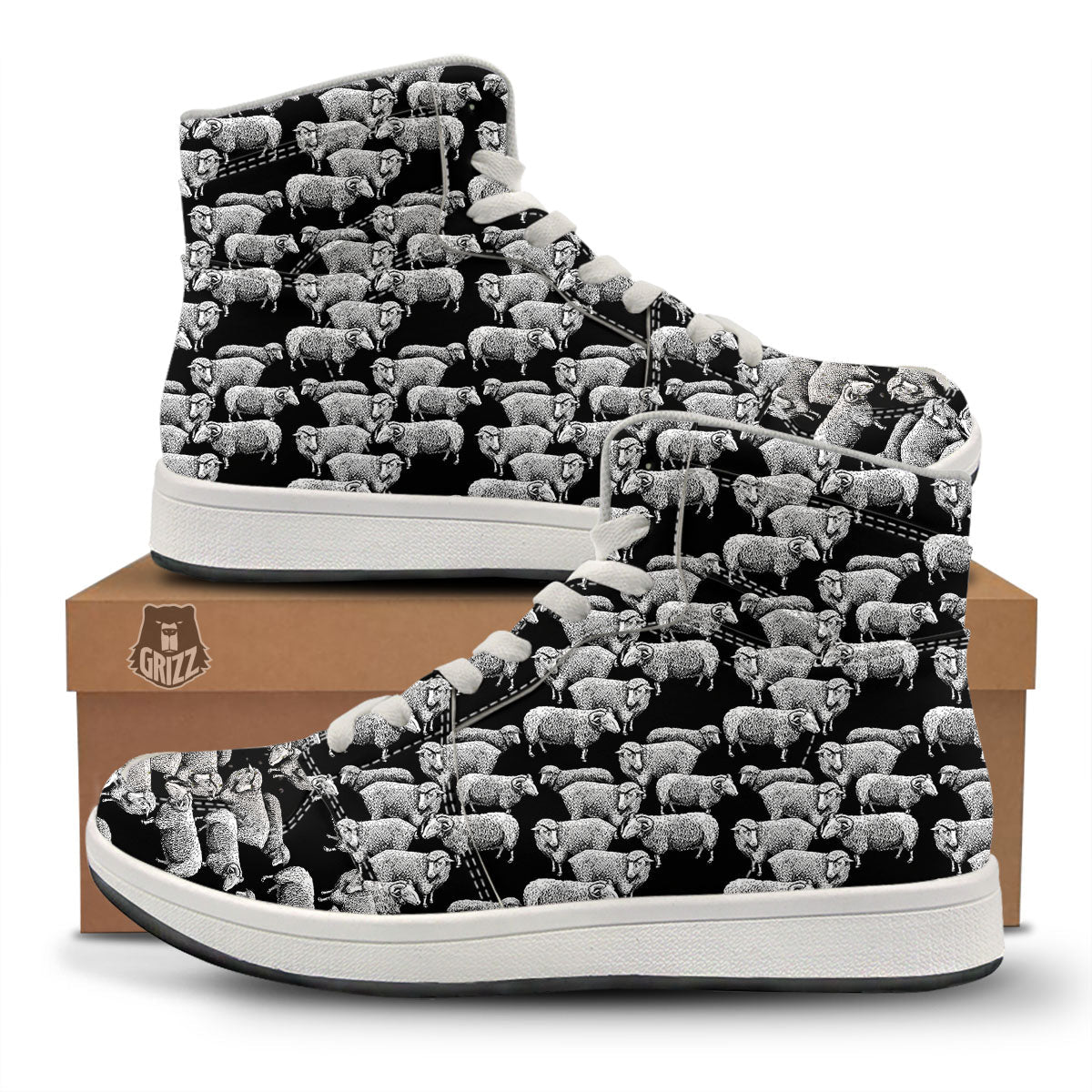 White Sheep And Black Print Pattern High Top Sneakers-grizzshop