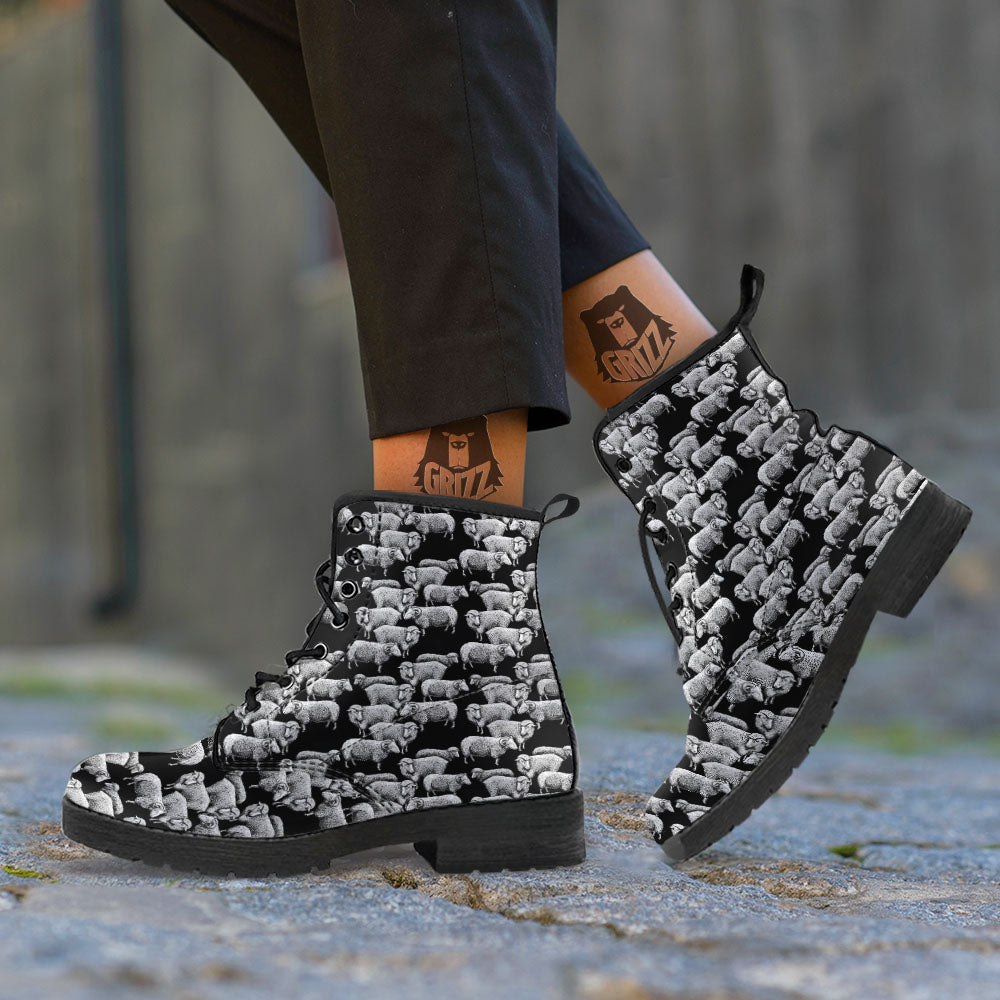 White Sheep And Black Print Pattern Leather Boots-grizzshop