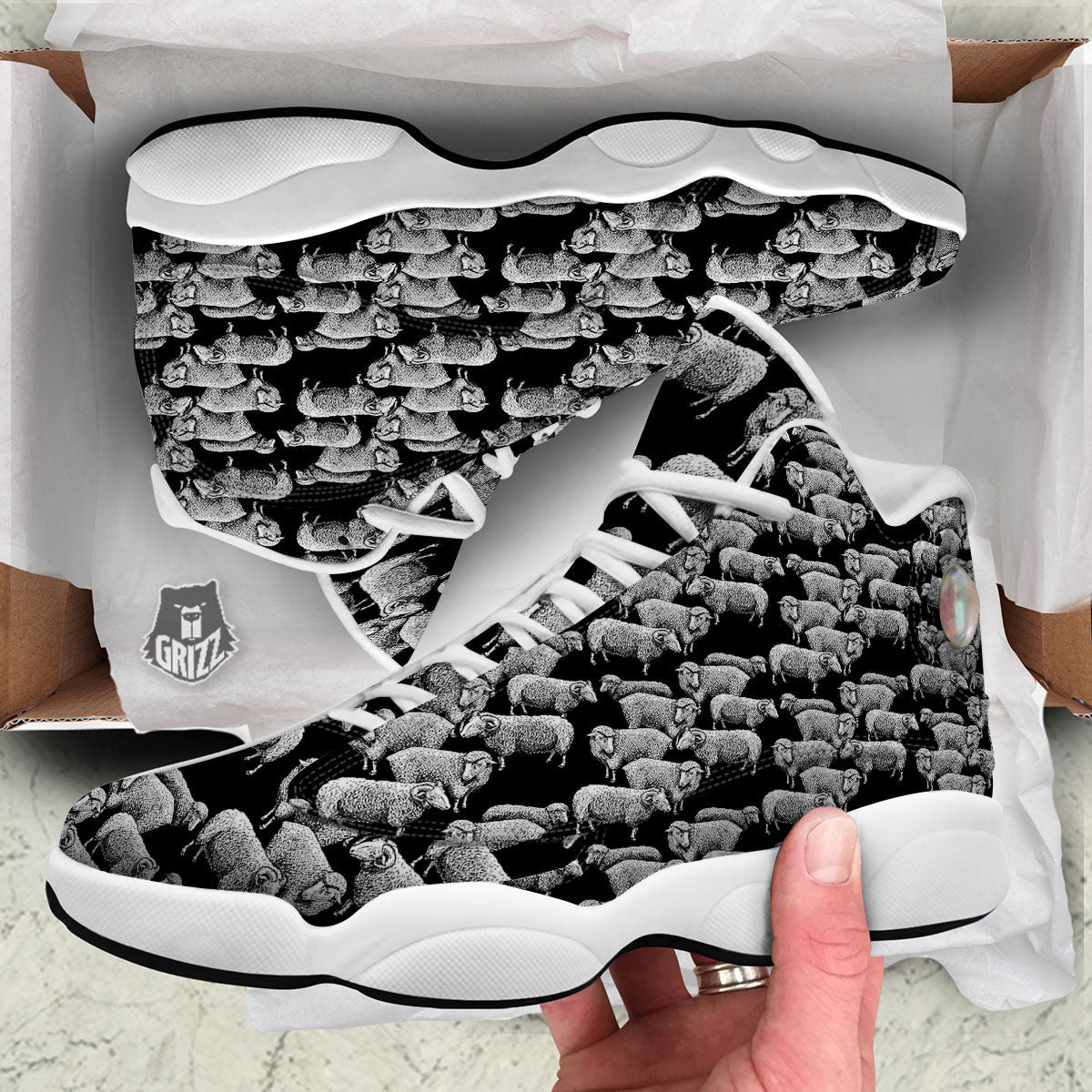 White Sheep And Black Print Pattern White Basketball Shoes-grizzshop