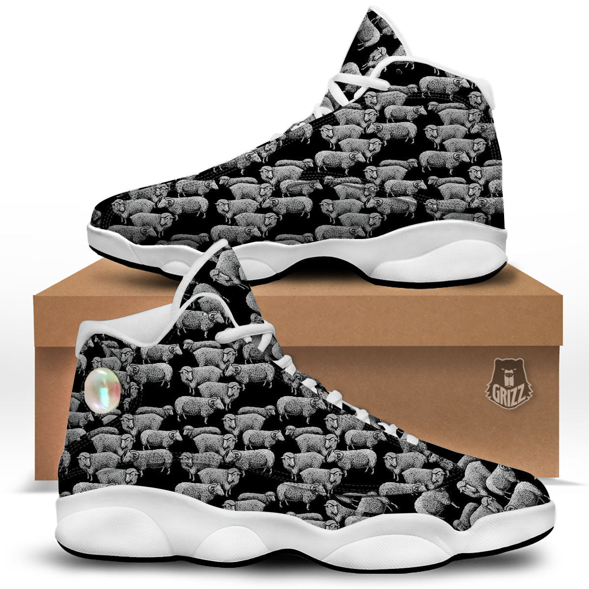 White Sheep And Black Print Pattern White Basketball Shoes-grizzshop