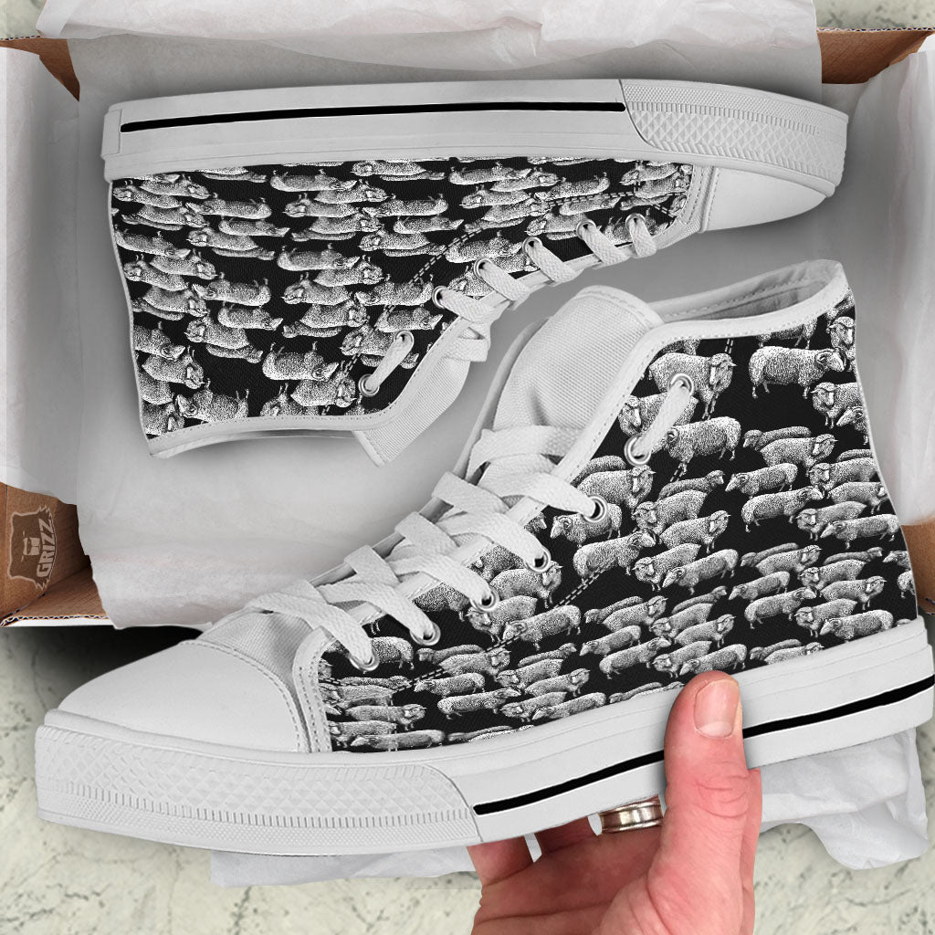 White Sheep And Black Print Pattern White High Top Shoes-grizzshop