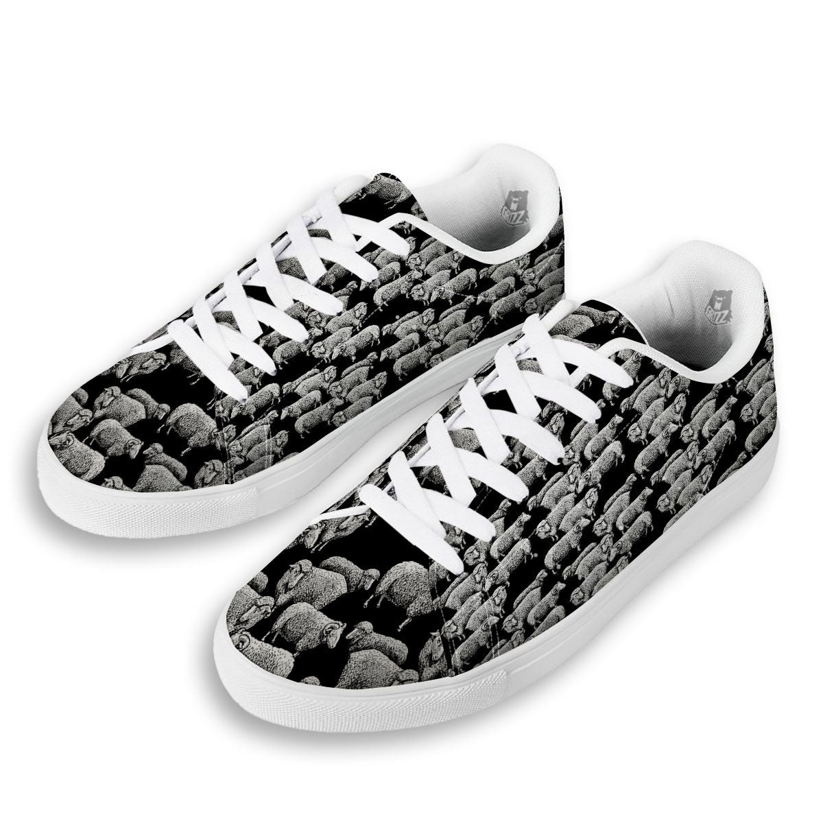 White Sheep And Black Print Pattern White Low Top Sneakers-grizzshop