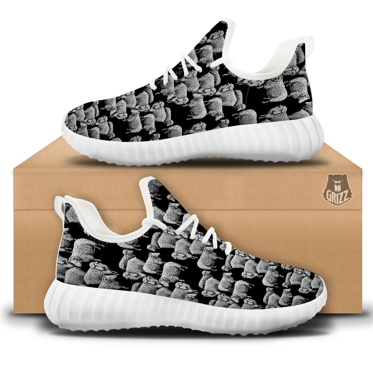 White Sheep And Black Print Pattern White Walking Shoes-grizzshop