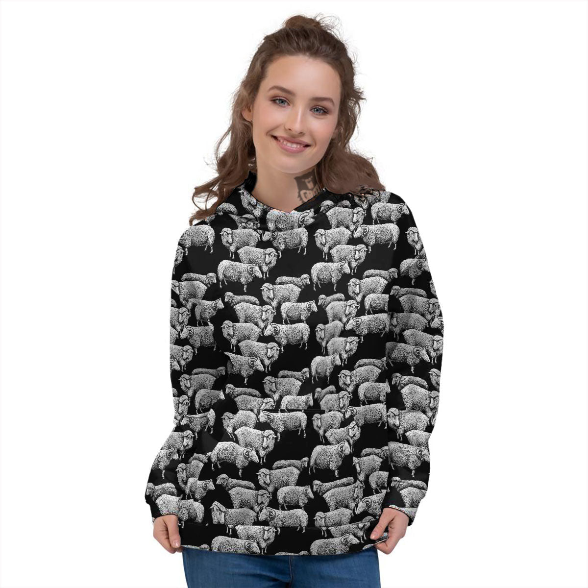 White Sheep And Black Print Pattern Women's Hoodie-grizzshop