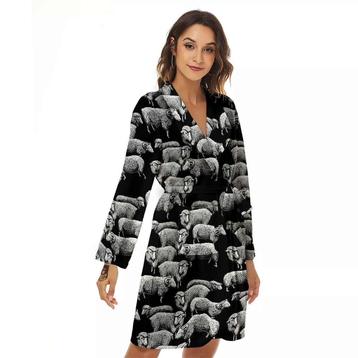White Sheep And Black Print Pattern Women's Robe-grizzshop