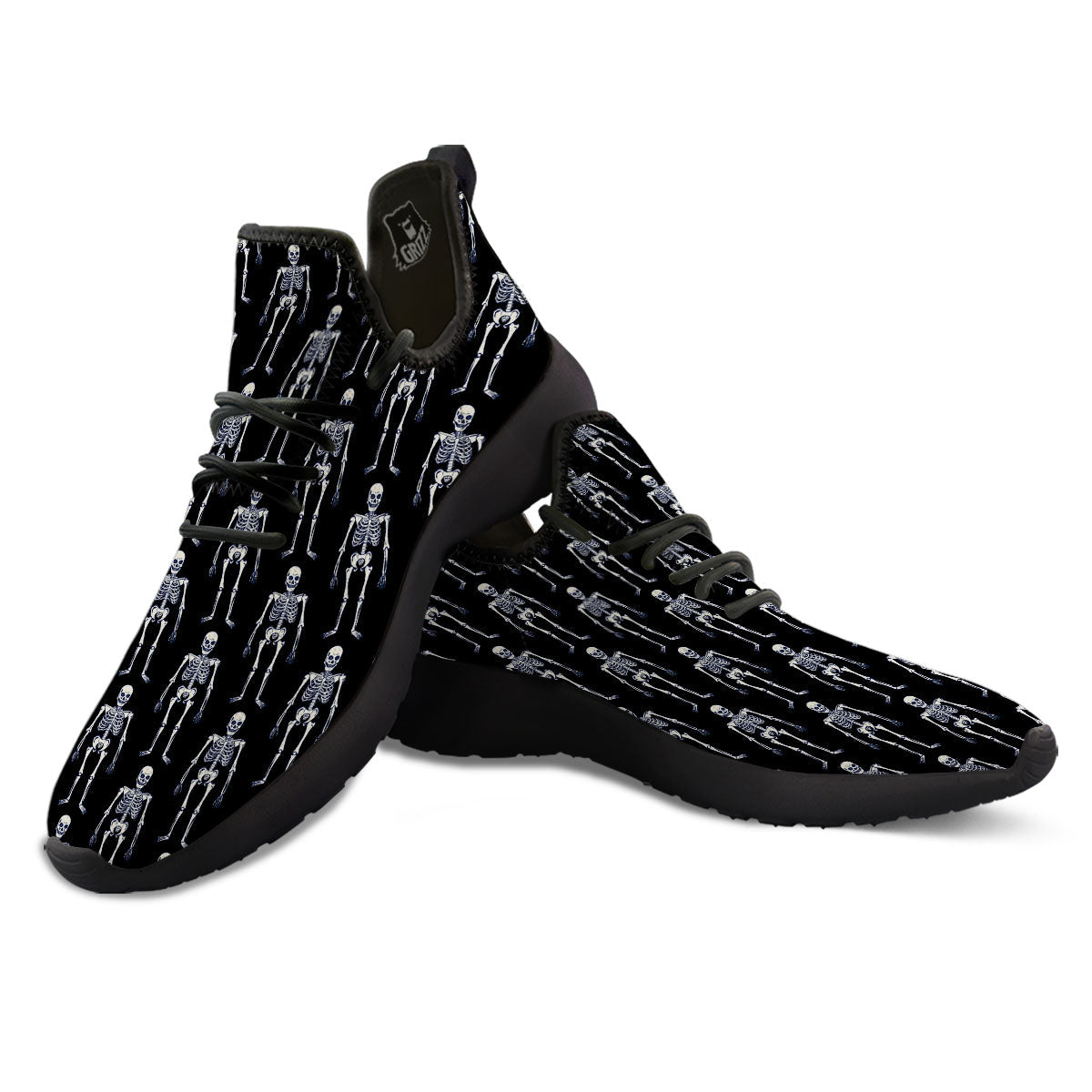 White Skeleton And Black Print Pattern Black Athletic Shoes-grizzshop