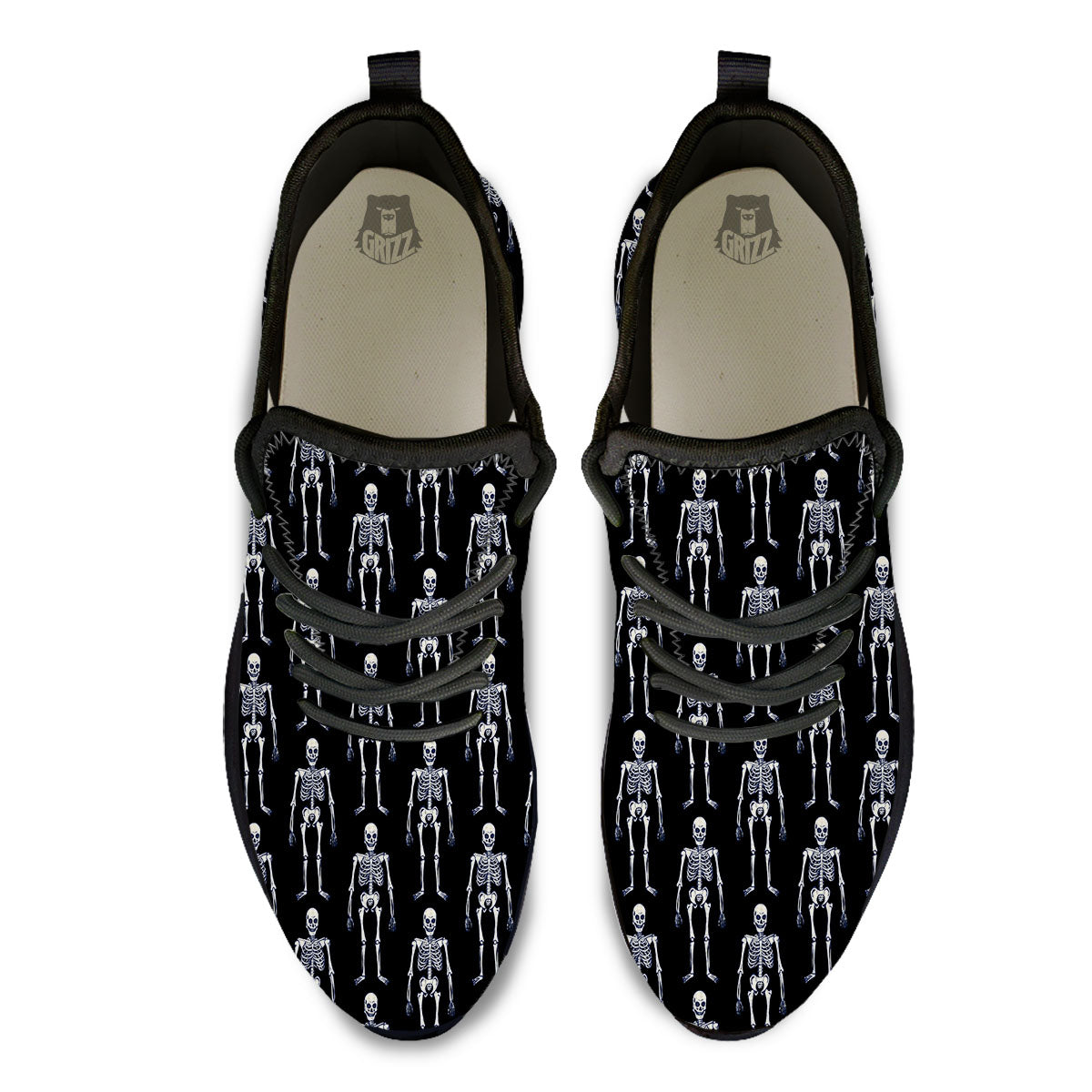 White Skeleton And Black Print Pattern Black Athletic Shoes-grizzshop