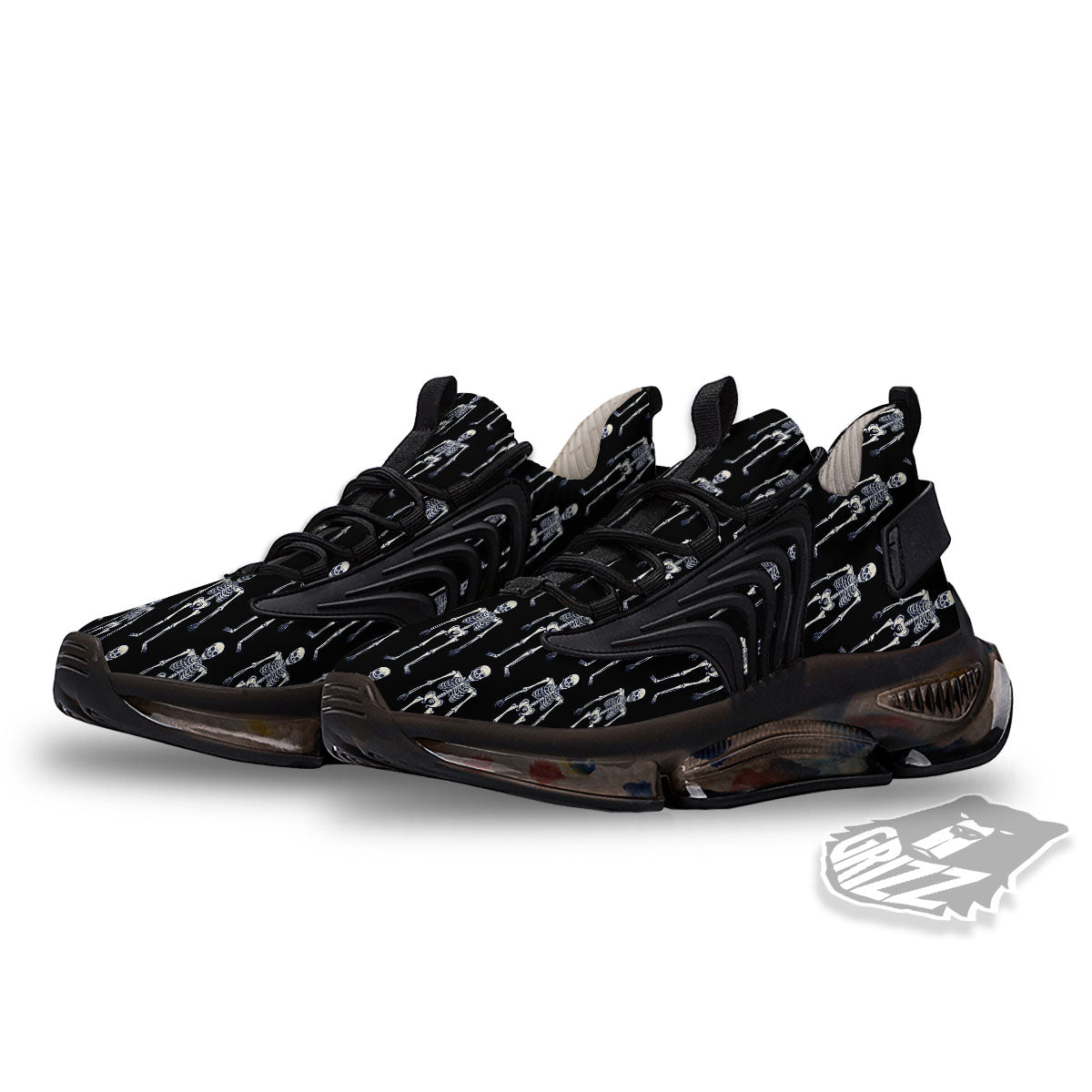 White Skeleton And Black Print Pattern Black Gym Shoes-grizzshop