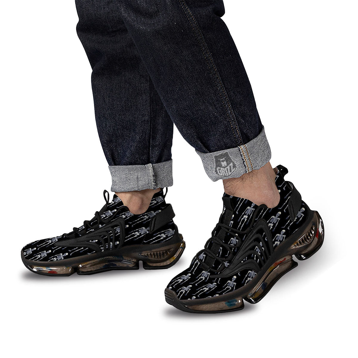 White Skeleton And Black Print Pattern Black Gym Shoes-grizzshop