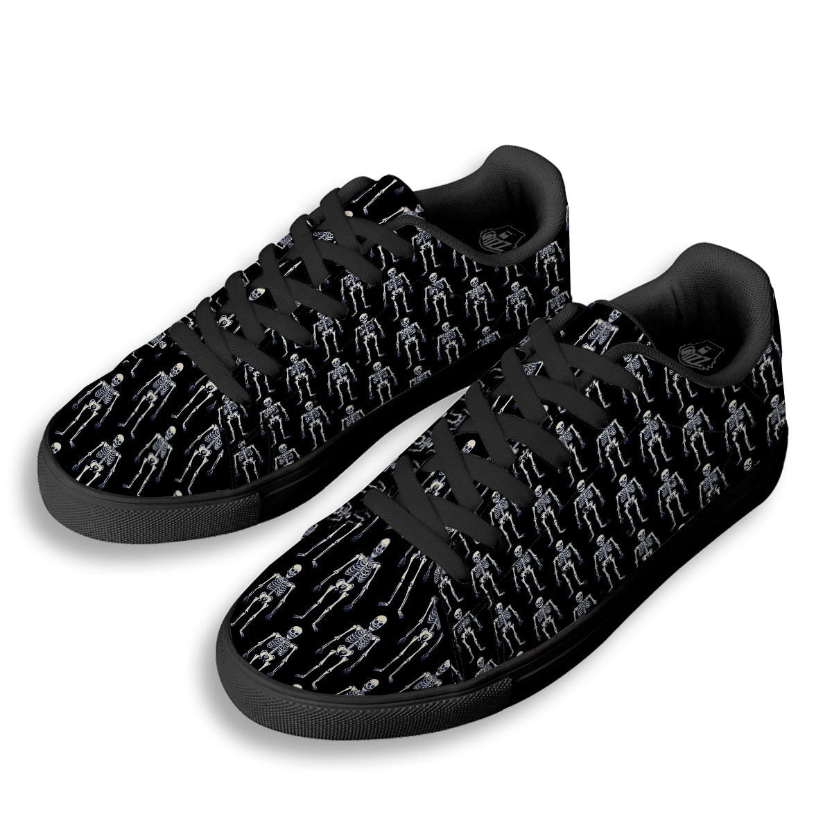 White Skeleton And Black Print Pattern Black Low Top Sneakers-grizzshop