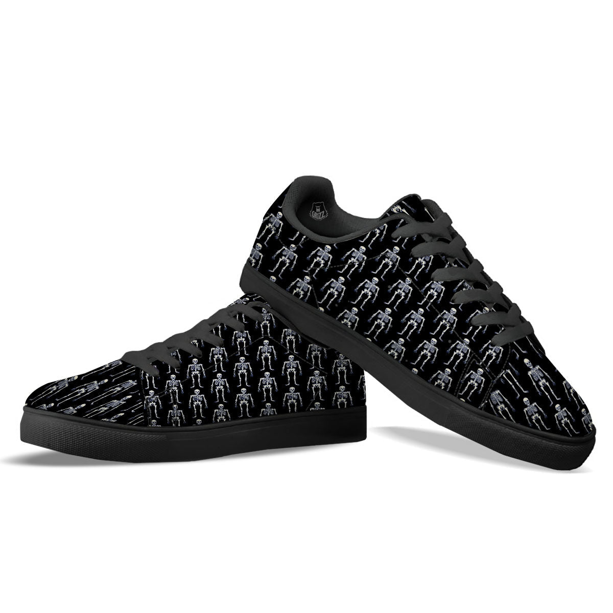 White Skeleton And Black Print Pattern Black Low Top Sneakers-grizzshop