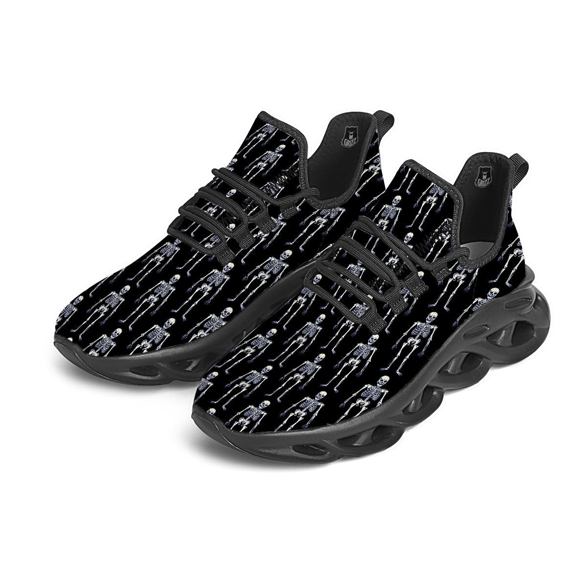 White Skeleton And Black Print Pattern Black Running Shoes-grizzshop
