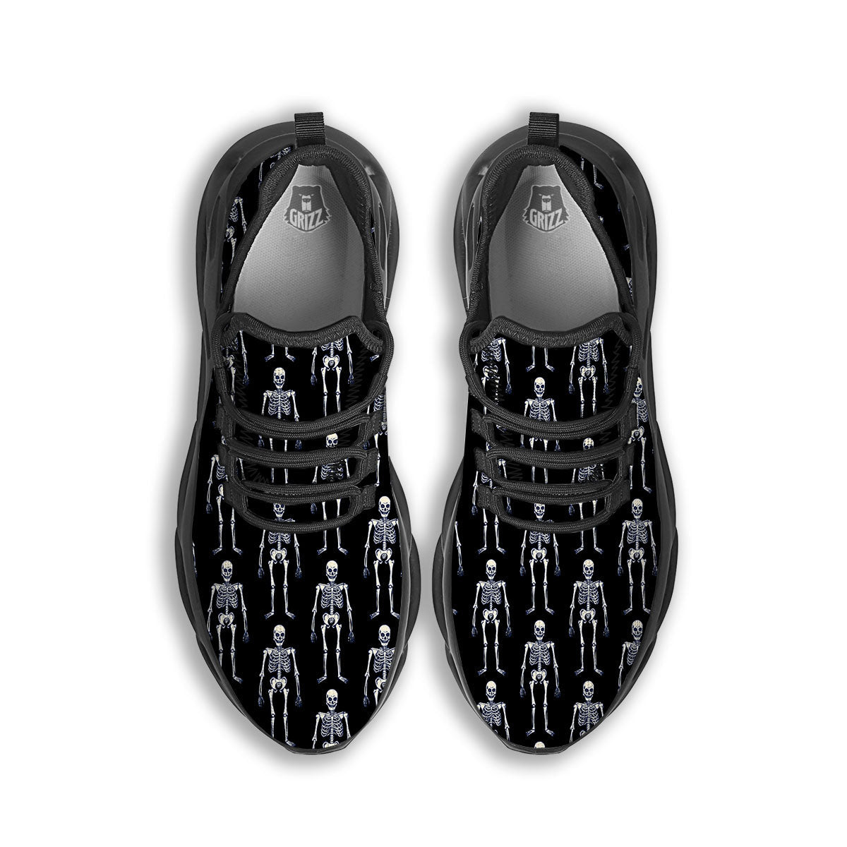 White Skeleton And Black Print Pattern Black Running Shoes-grizzshop