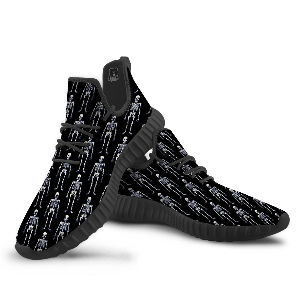 White Skeleton And Black Print Pattern Black Walking Shoes-grizzshop
