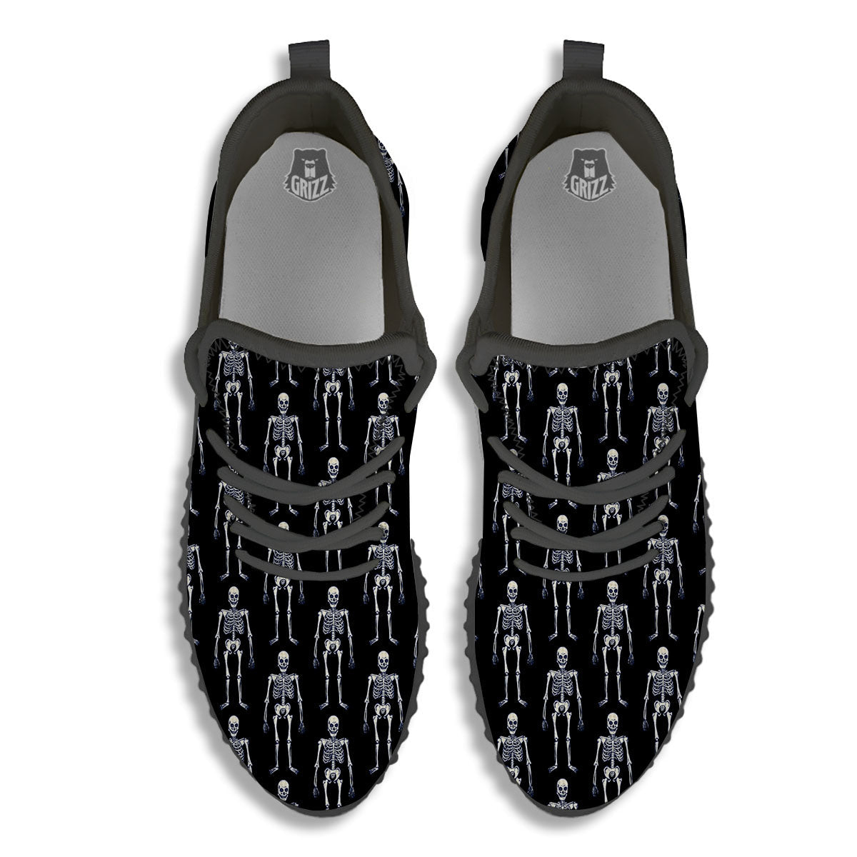 White Skeleton And Black Print Pattern Black Walking Shoes-grizzshop