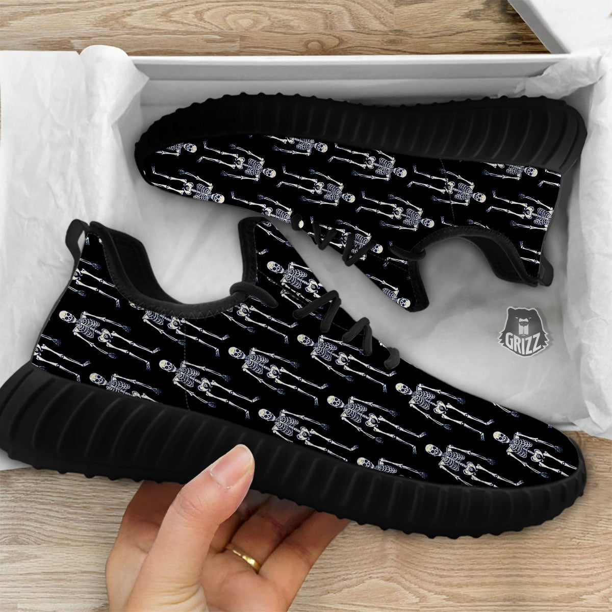 White Skeleton And Black Print Pattern Black Walking Shoes-grizzshop