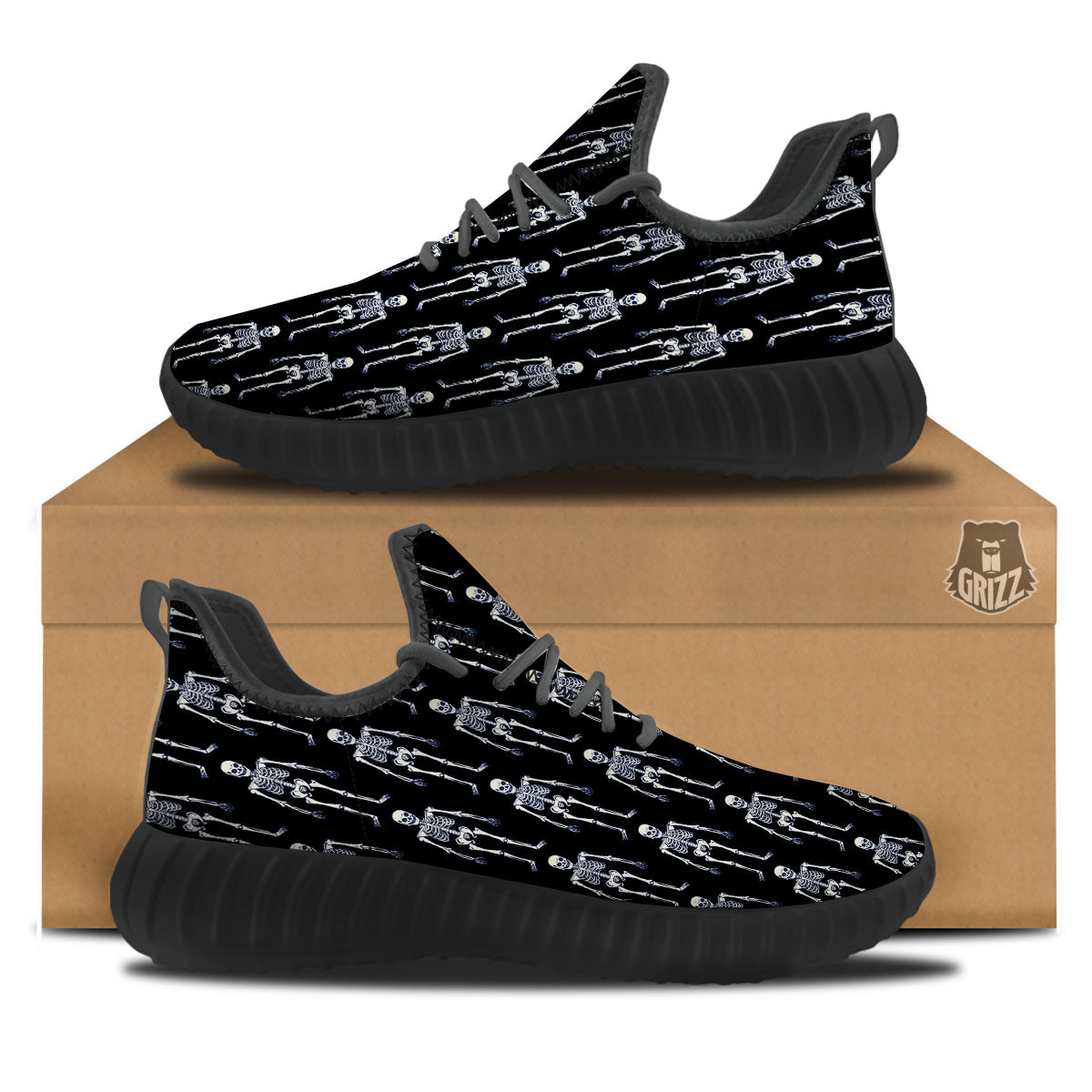 White Skeleton And Black Print Pattern Black Walking Shoes-grizzshop