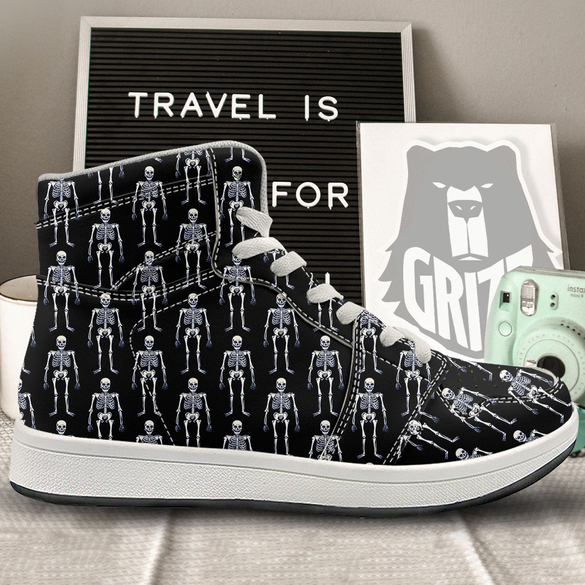 White Skeleton And Black Print Pattern High Top Sneakers-grizzshop
