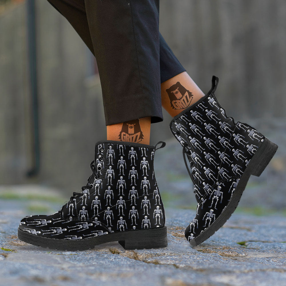 White Skeleton And Black Print Pattern Leather Boots-grizzshop