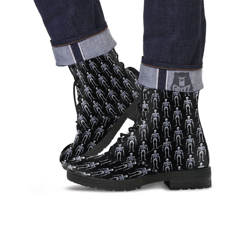 White Skeleton And Black Print Pattern Leather Boots-grizzshop