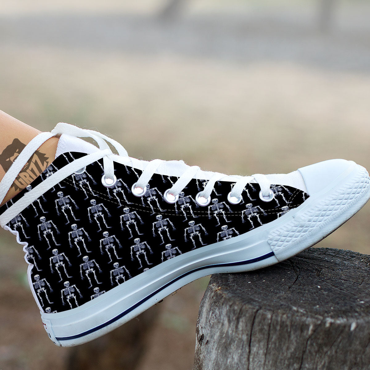 White Skeleton And Black Print Pattern White High Top Shoes-grizzshop