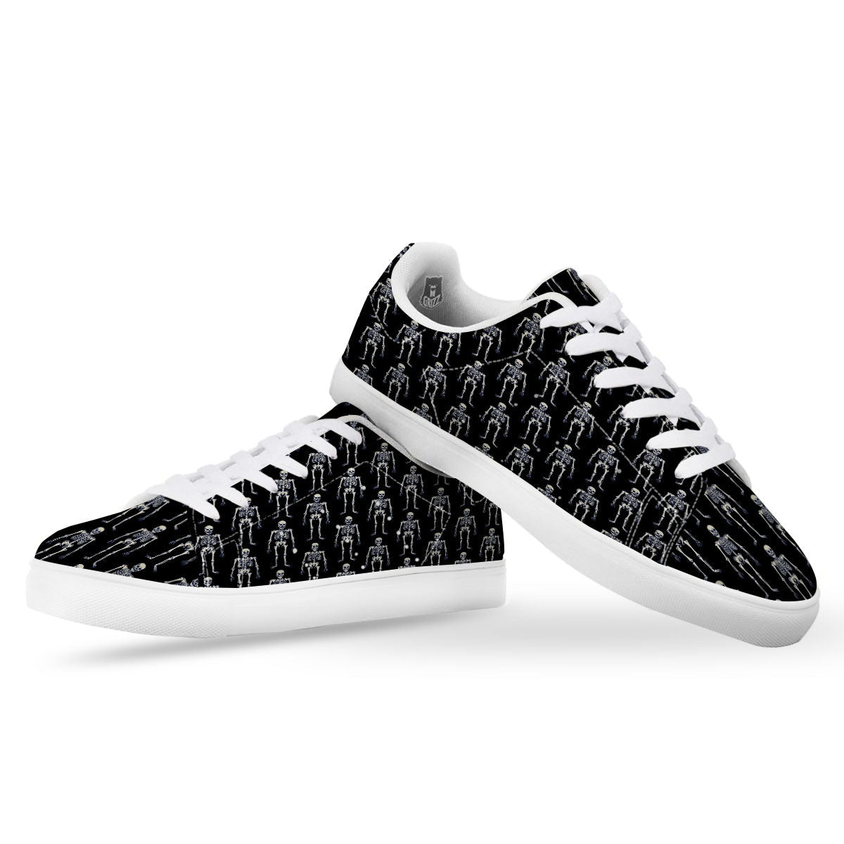 White Skeleton And Black Print Pattern White Low Top Sneakers-grizzshop