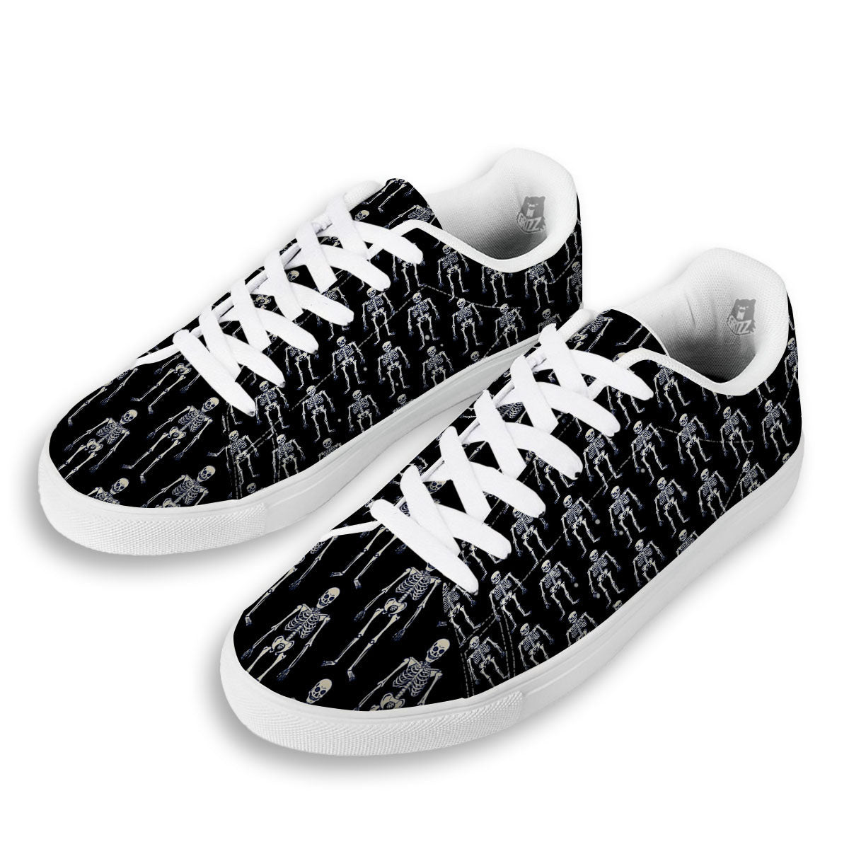 White Skeleton And Black Print Pattern White Low Top Sneakers-grizzshop